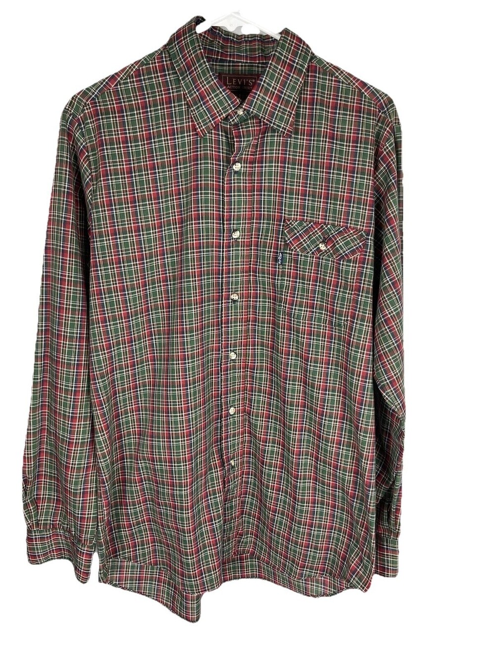 VINTAGE LEVIS ACTION Shirt Mens Medium Red Tartan Plaid 70s Casual